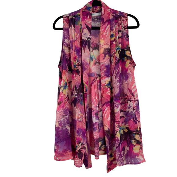 Susan Graver Pink Purple Floral Sheer Open Duster Vest Women's Medium - Picture 1 of 14